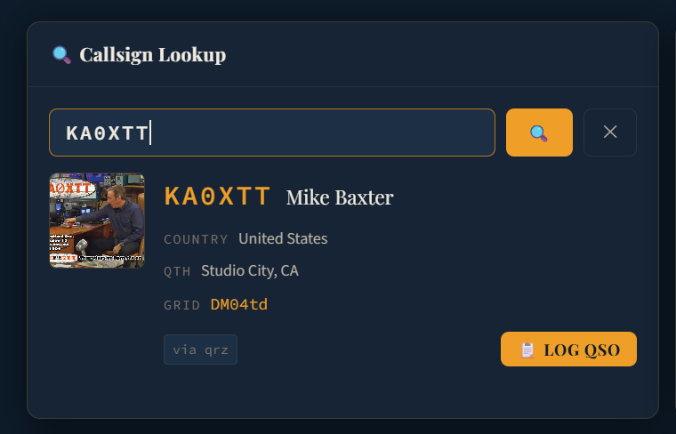 Callsign Lookup card on the dashboard. The search field contains the callsign KA0XTT with the magnifying-glass search button highlighted. The result shows KA0XTT — Mike Baxter, with country United States, QTH Studio City CA, grid square DM04td, source via QRZ, an operator photo on the left, and a prominent amber Log QSO button on the right.