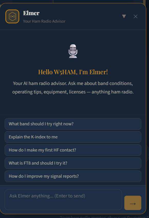 Elmer chat panel empty state: greeting 'Hello W5HAM, I'm Elmer!' with suggested first questions: What band should I try right now? · Explain the K-index to me · How do I make my first HF contact? · What is FT8 and should I try it? · How do I improve my signal reports?